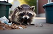 A raccoon sits by the garbage can. A mix of wildlife and the city