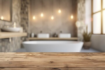 Poster - Blurred Bathroom Interior Background with Modern Brown Wooden Counter: Product Display Montage on Top of Light Desk