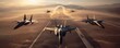 Military jet aircraft execute a precise formation flight over a desert terrain, showing off power and precision