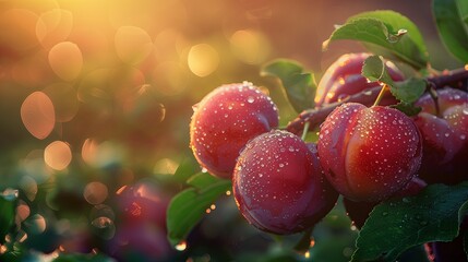 Wall Mural - Plump seedless plums dripping with water, hanging from a fruit tree