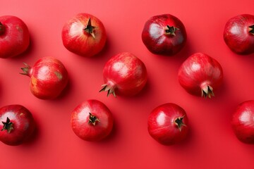 Wall Mural - Fresh pomegranate fruit on red background, top view arrangement with space for text, organic healthy food concept