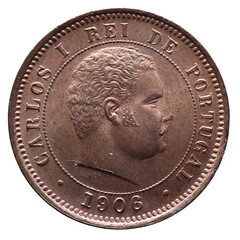 Bronze Portuguese coin with the portrait of King Carlos I and the year 1906