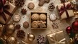 Delightful overhead Christmas arrangement with festive cookies, a golden gift box with a ribbon, and Christmas trinkets, all set against an isolated studio backdrop with soft lighting