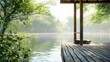 Serene lakeside wooden pier with gentle sunlight and lush foliage