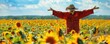 Colorful and charming shot of a homemade scarecrow standing amongst blooming sunflowers