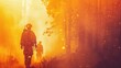Firefighters walking through forest fire, smoke and ember-filled air, backlit by orange glow