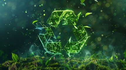 3D green recycling sign over grass on green abstract background