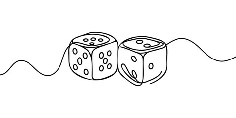 Two dices one line vector illustration. Continuous contour drawing of game dice.