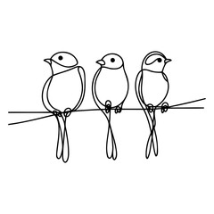 Wall Mural - Abstract birds on branches continuous one line drawing. Birds on branch background in black and white, modern vector illustration.