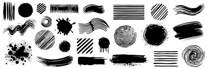 Wall Mural - Big collection of black paint, ink brush strokes, brushes, lines, grungy. Dirty artistic design elements, boxes, frames. Vector illustration. Isolated on white background. Freehand drawing