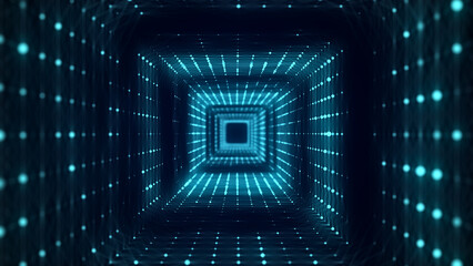 Leinwandbilder - Abstract 3d twisted portal. Square tunnel or wormhole. Digital background with connected green dots. 3d rendering.