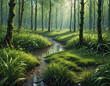 Forest clearing in light transparent green tones, flowing stream, green grass in drops of dew