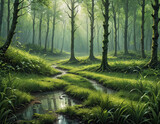 Fototapeta Przestrzenne - Forest clearing in light transparent green tones, flowing stream