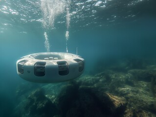 Wall Mural - A white submarine is floating in the ocean. The submarine is surrounded by rocks and has a small window on the side