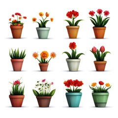 set of 3d flowers in pots vector icons