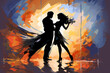 Abstract silhouette of a man and a woman dancing gracefully under moonlight, depicted with sweeping brush strokes and shadow play, perfect for romantic and mystical art themes