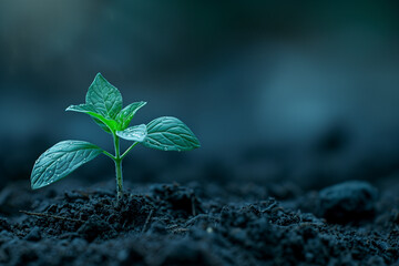 Wall Mural - The image captures a young plant emerging from soil with moody, cool lighting, showcasing the beauty of new growth