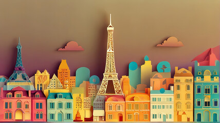 paris city skyline with eiffel tower in the style of paper-cut