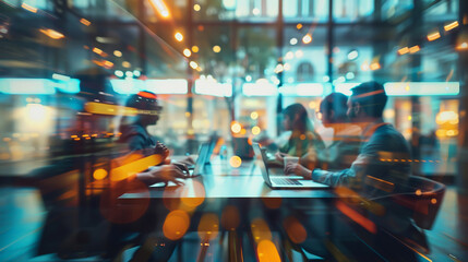 A group of business people working together in an office. Blurred motion with light trails on glass walls were visible in the background