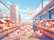 A cartoonish drawing of a chicken farm with a man in a blue shirt and a hard hat