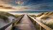 wooden way to the romantic beach at the sea with dunes and waves. AI Generative images
