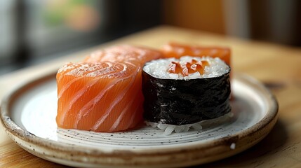 Sticker - pieces of Japanese sushi on a white small round