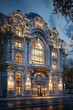 An exterior shot of a renowned opera house at twilight, its architecture illuminated, inviting patrons in for an evening performance , 3DCG