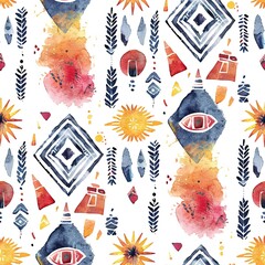 Canvas Print - Boho chic seamless pattern showcasing watercolor tribal motifs and symbols, perfect for vibrant textile designs. Seamless Pattern, Fabric Pattern, Tumbler Wrap, Mug Wrap.