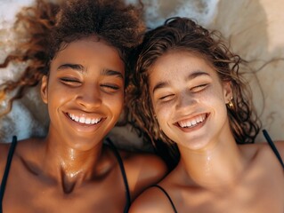 Sticker - Two women are laying on the beach, smiling and enjoying the sun. They are wearing black tank tops and seem to be having a good time