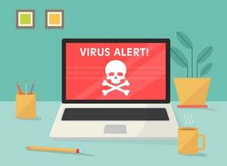 Poster - Avviso di notifica del segnale di avvertimento del teschio sullo schermo del computer portatile - illustrazioni email account id hacker VIRUS ALERT