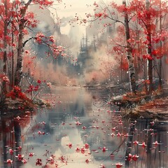 Wall Mural - painting of a river with red leaves floating on the water