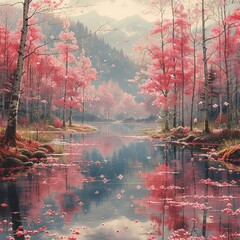 Wall Mural - painting of a river with pink flowers and trees in the background