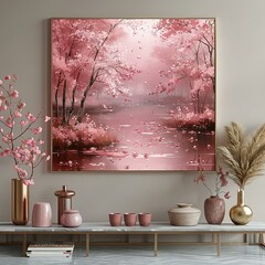 Wall Mural - a painting of a pink forest with flowers on the wall