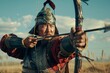 Mongolian Archer in Costume With Bow and Arrow