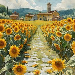 Wall Mural - a painting of a field of sunflowers with a church in the background