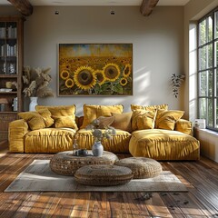 Wall Mural - a yellow couch and a coffee table in a living room