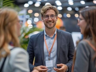 A man in a suit is smiling at two women. The man is wearing a name tag and a lanyard. The scene appears to be a casual social gathering or networking event