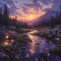 Wall Mural - painting of a mountain stream with a sunset in the background