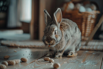 Canvas Print - A rabbit is eating some nuts on a wooden floor