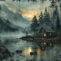 Wall Mural - painting of a cabin on a lake with a mountain in the background