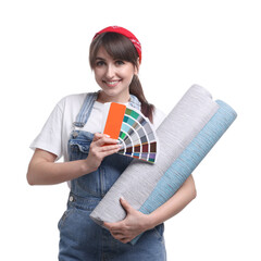 Poster - Beautiful woman with wallpaper rolls and color palette on white background