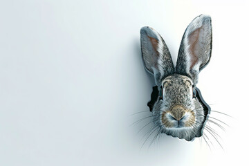 Wall Mural - A rabbit's face is shown through a hole in a wall