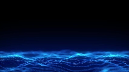 Canvas Print - Abstract technology blue wave with motion glowing dots. Dark cyberspace in digital background. Connection big data. Futuristic wireframe texture. Dynamic analysis a network connection. 3D rendering.