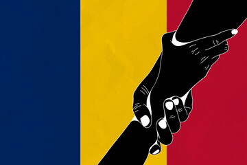 Helping hand against the Chad flag. The concept of support. Two hands taking each other. A helping hand for those injured in the fighting, lend a hand