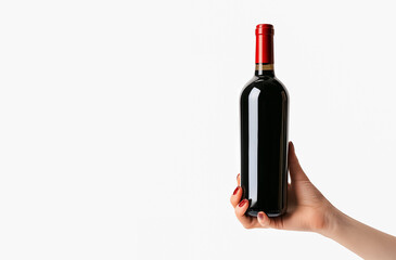 Red wine bottle without label in female;s hand on a white background with copy space. 