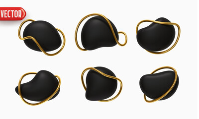 Aufkleber - Set button banner. Black Button Abstract liquid shapes with metallic outline Rings in a circle. Speech bubble icons. Template for Branding label. Vector illustration