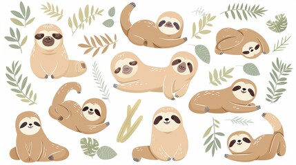 Aufkleber - This cute set of sloth moderns features several wildlife animals in different poses in flat colors. Adorable funny animals and many characters are drawn on white backgrounds to make the set even more