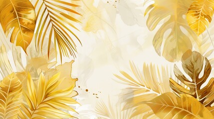 Poster - Modern botanical prints wall art. Modern illustration of golden palm leaves on a tropical background. Canvas frame design for prints and home decor.