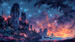 Twilight Whispers: Watercolor Tale of Luminescent Ruins and Ethereal Butterflies