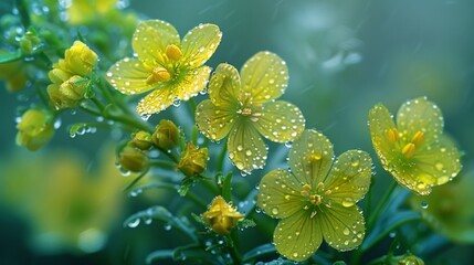 Sticker - Yellow flowers with water drops in rain